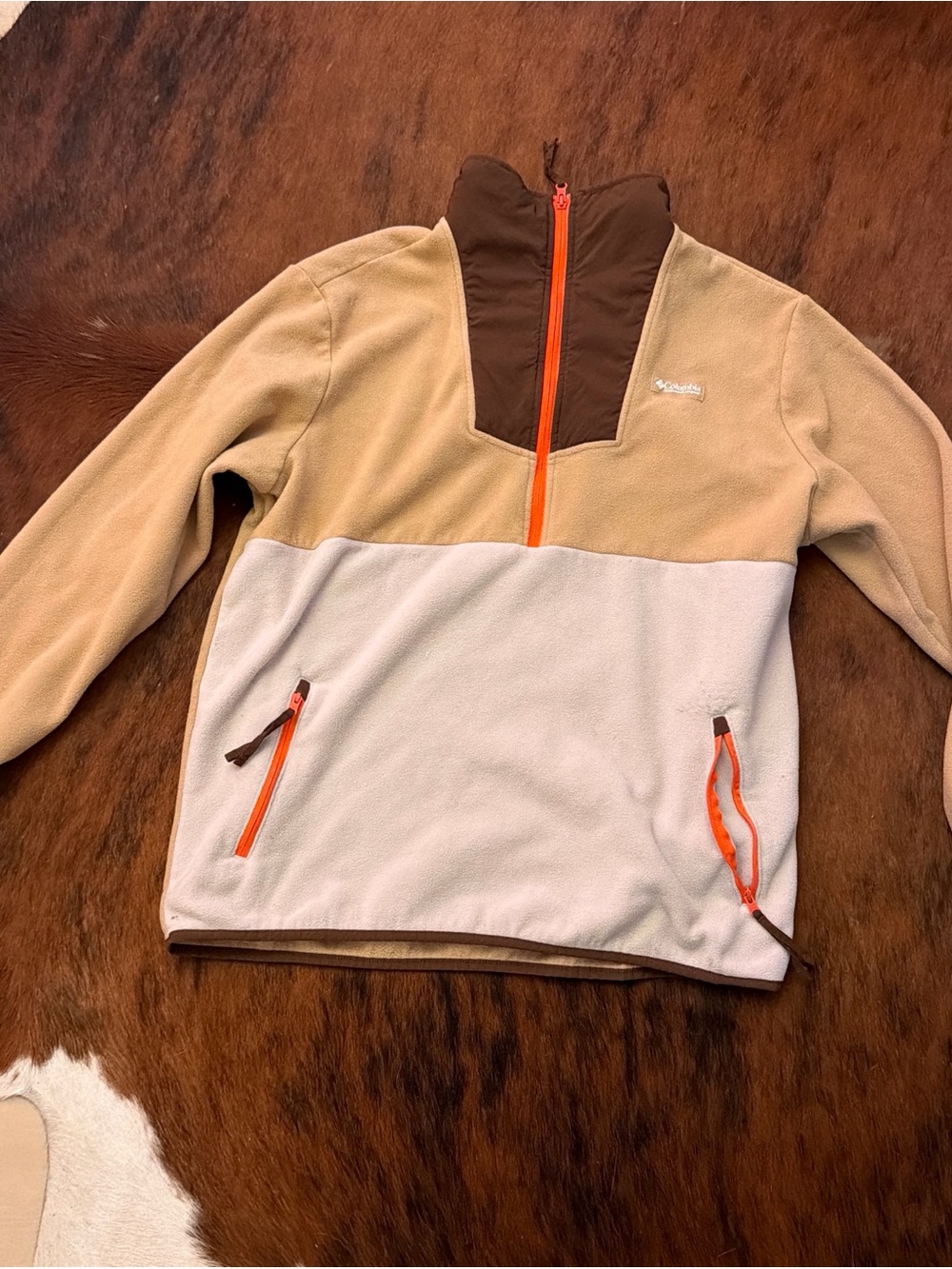 Children's Two-Tone Fleece Pullover Jacket - Tan & Cream with Orange Trim